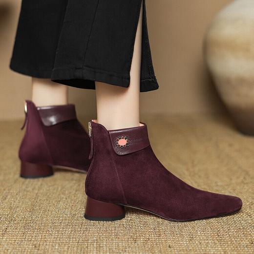 【预售5天】复古磨砂皮低跟短靴女小方头中跟羊反皮裸靴踝靴后拉链加绒马丁靴LD&6964 商品图2