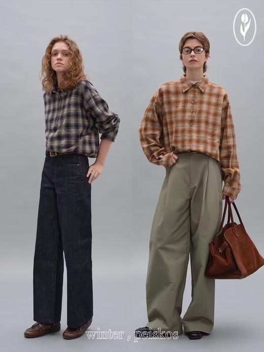 shyshystill/shy202408082/亨利领落肩袖棉质厚感格纹宽松衬衫 商品图3