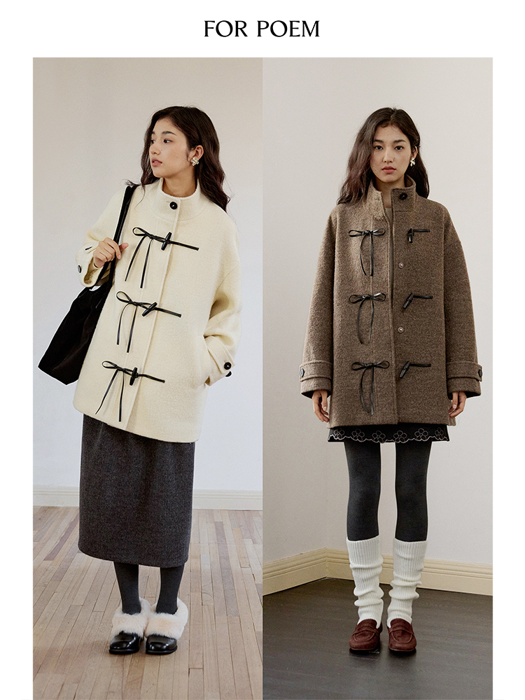 ForPoem 现货 24/FW原创设计蝴蝶结牛角扣100羊毛中长款大衣外套