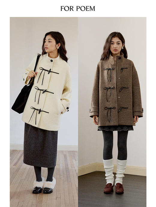 ForPoem 现货 24/FW原创设计蝴蝶结牛角扣100羊毛中长款大衣外套 商品图0