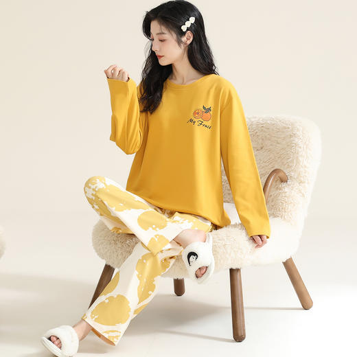 洁丽雅棉质女士大码家居服套装个性印花舒适亲肤长袖长裤套装 商品图1