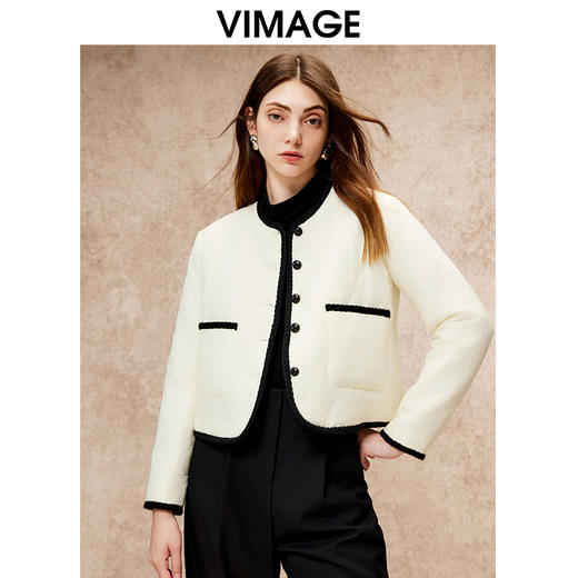 VIMAGE纬漫纪气质高级圆领撞色直筒显瘦外套冬新款V2210801 商品图3