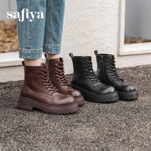 预售10天发|Safiya/索菲娅2024复古英伦时尚经典厚底粗跟短筒系带马丁靴加绒 SF44116411 商品图0