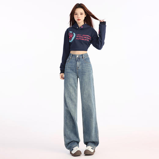 罗蒙女士秋冬加绒牛仔裤百搭舒适九分裤遮肉显瘦高腰阔腿女长裤 商品图2