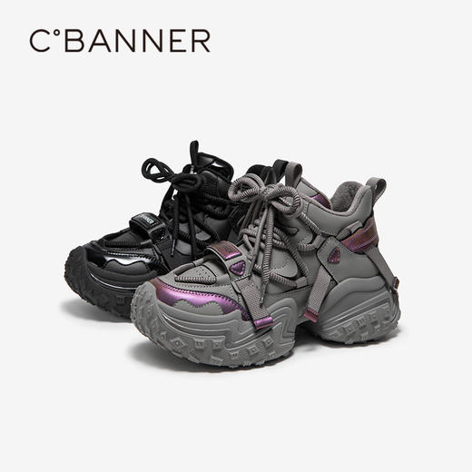 千百度机能拼接厚底老爹鞋女款冬季加绒保暖运动休闲鞋A24681816 商品图1