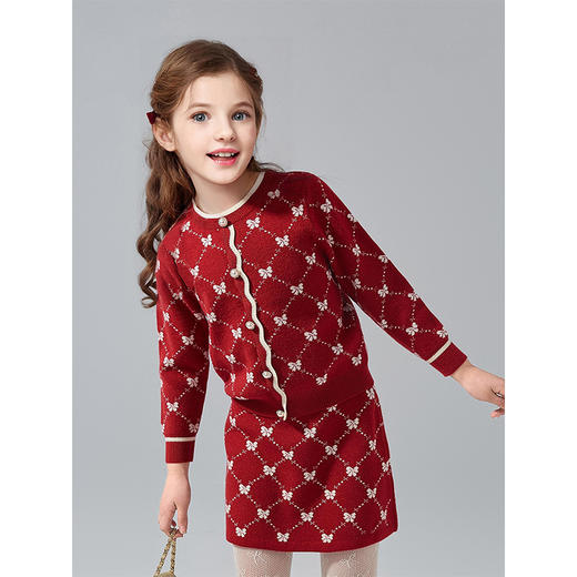 笛莎Deesha 童装女童套装2024冬新款时尚蝴蝶结图案毛织套装 商品图1