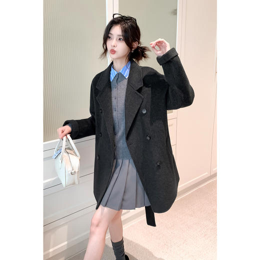 【严选】诗凡黎绵羊毛中长款西装毛呢外套24冬新款高级感小个子赫本风大衣SF7170101D 商品图4