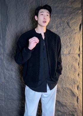 55165新款格纹提花拼接假两件复古简约国潮宽松百搭长袖痞帅休闲