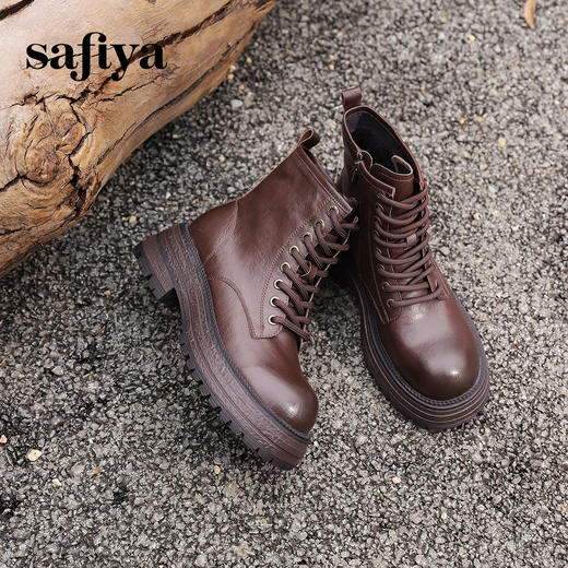 预售10天发|Safiya/索菲娅2024复古英伦时尚经典厚底粗跟短筒系带马丁靴加绒 SF44116411 商品图6