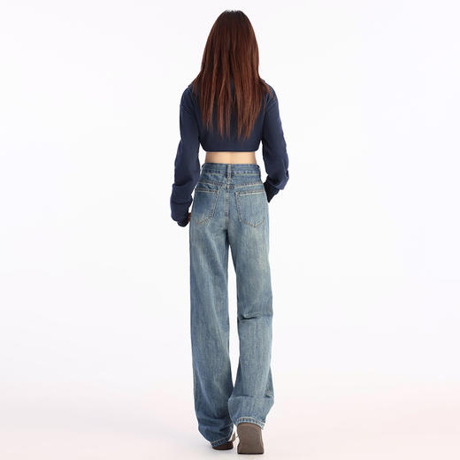 罗蒙女士秋冬加绒牛仔裤百搭舒适九分裤遮肉显瘦高腰阔腿女长裤 商品图5