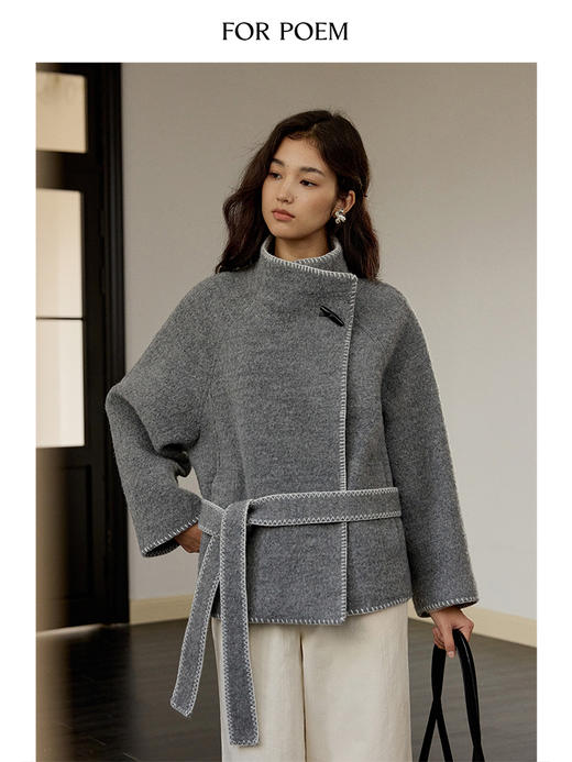 ForPoem 现货 24/FW原创设计贝壳绣锁边绣100羊毛短款腰带休闲大衣 商品图2