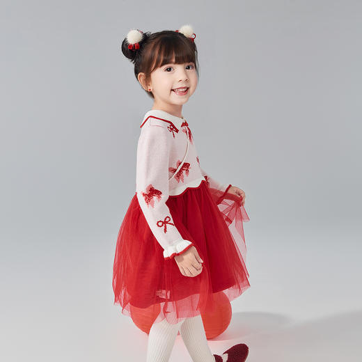 笛莎Deesha 童装女童连衣裙2024冬新款新年“年年有鱼”蝴蝶结套头毛织裙 商品图1