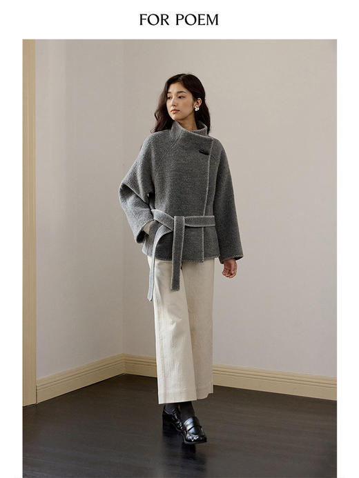 ForPoem 现货 24/FW原创设计贝壳绣锁边绣100羊毛短款腰带休闲大衣 商品图4