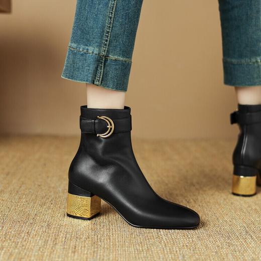【预售5天】英伦方头复古中跟粗跟皮带扣装饰短靴女气质侧拉链裸靴子ZF&24-236 商品图3