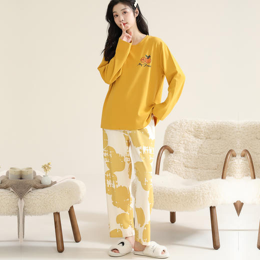 洁丽雅棉质女士大码家居服套装个性印花舒适亲肤长袖长裤套装 商品图3