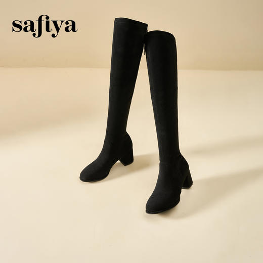预售10天发|Safiya/索菲娅2024秋冬显瘦圆头百搭弹力高跟加绒过膝长靴 SF44117096/SF44119096 商品图4