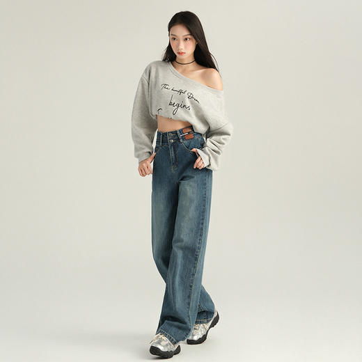 罗蒙女士秋冬加绒牛仔裤保暖舒适女长裤休闲百搭高腰显瘦阔腿裤 商品图3