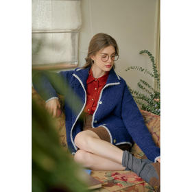 SimpleRetro巴黎的一天 羊毛混纺撞色翻领针织开衫女廓形慵懒毛衣