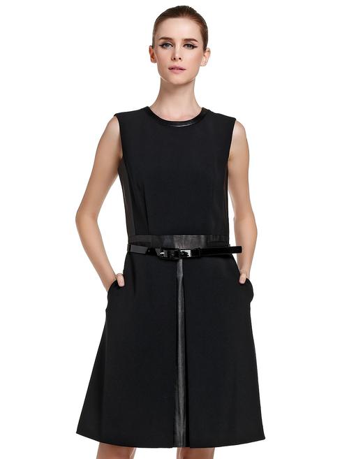 4894415283235 JOAN&DAVID 黑色皮革拼接无袖连衣裙 商品图0