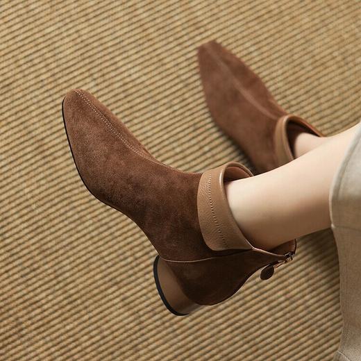 【预售5天】复古磨砂皮低跟短靴女小方头中跟羊反皮裸靴踝靴后拉链加绒马丁靴LD&6964 商品图3