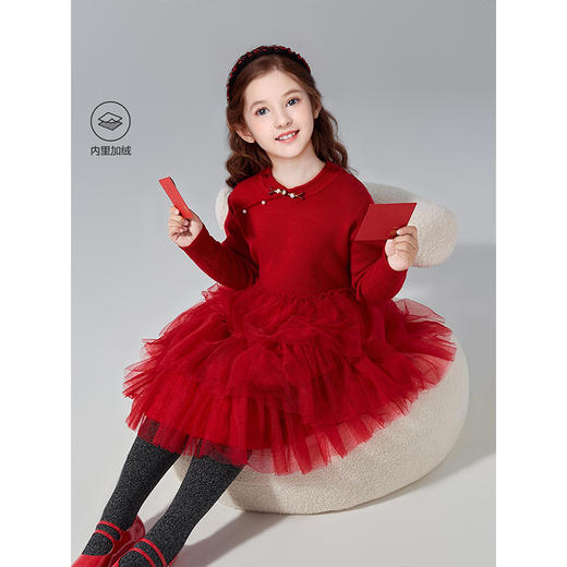 笛莎Deesha 童装女童连衣裙2024冬新款甜美国风盘扣连衣裙 商品图0