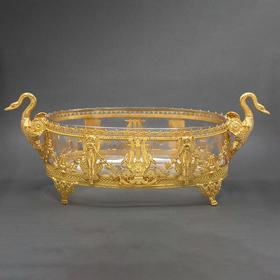 独角鹿西洋古董 19世纪末法国出品帝政风格女神与天鹅主题铜鎏金精雕装饰水晶果盘