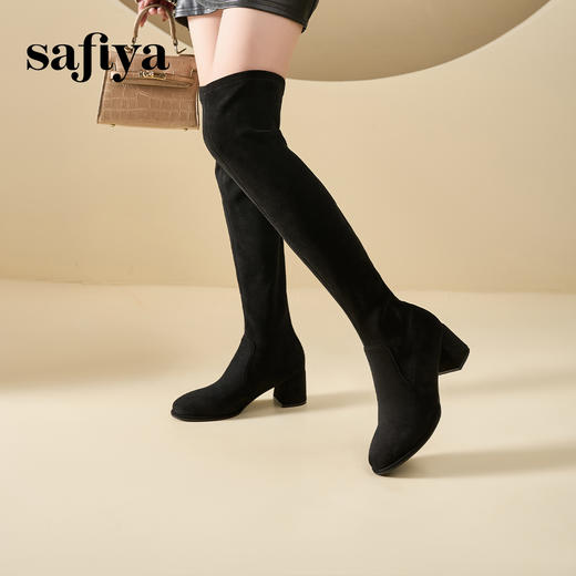 预售10天发|Safiya/索菲娅2024秋冬显瘦圆头百搭弹力高跟加绒过膝长靴 SF44117096/SF44119096 商品图3