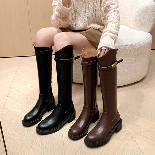 【预售7天】牛皮洋气百搭金属扣骑士靴秋冬圆头粗中跟V口真皮高筒长靴女DY&8405 商品图0