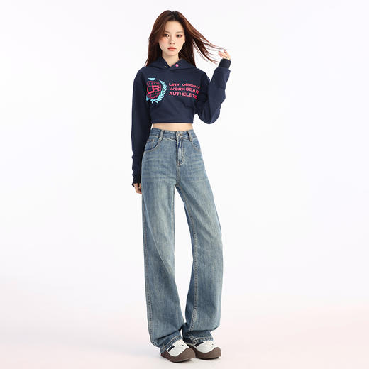 罗蒙女士秋冬加绒牛仔裤百搭舒适九分裤遮肉显瘦高腰阔腿女长裤 商品图4