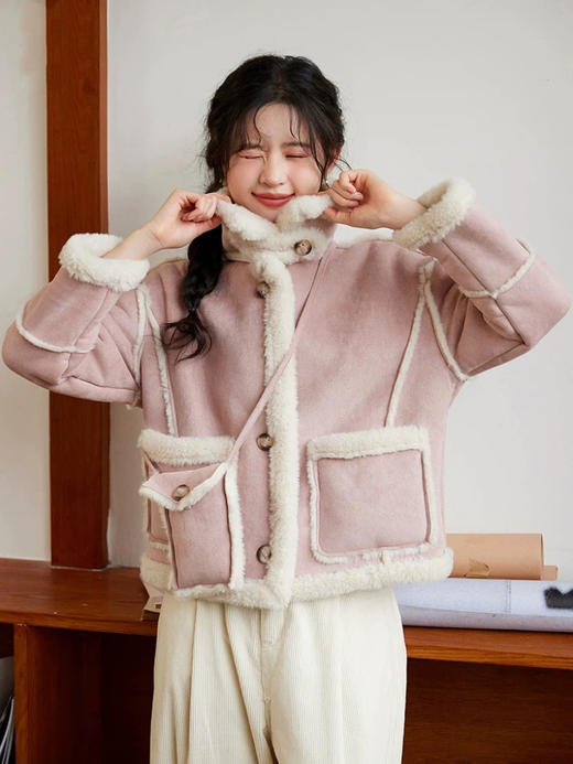 【GZ】无忧购韩版学院风百搭复古麂皮绒加绒皮毛一体外套（含小包包）8820（截单后7天发货)25年清仓捡漏 商品图0