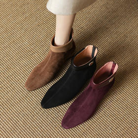 【预售5天】复古磨砂皮低跟短靴女小方头中跟羊反皮裸靴踝靴后拉链加绒马丁靴LD&6964