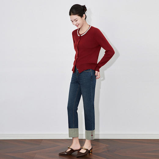 【高货wl】全新升级【铂金会员220/天猫299/差价79】(34447) 洛诗琳时尚绣花加绒翻边小直筒牛仔裤修腿显瘦烟管裤女 商品图0