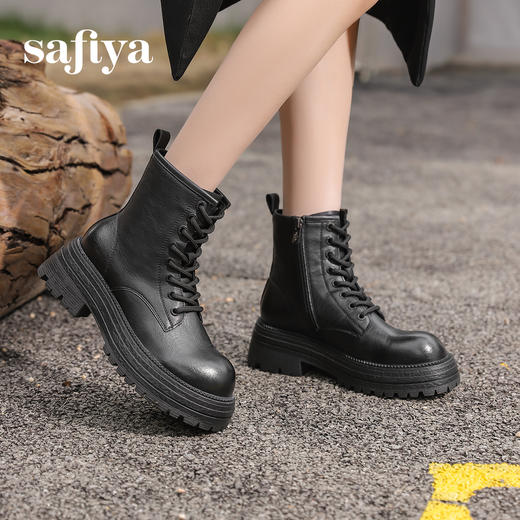 预售10天发|Safiya/索菲娅2024复古英伦时尚经典厚底粗跟短筒系带马丁靴加绒 SF44116411 商品图2