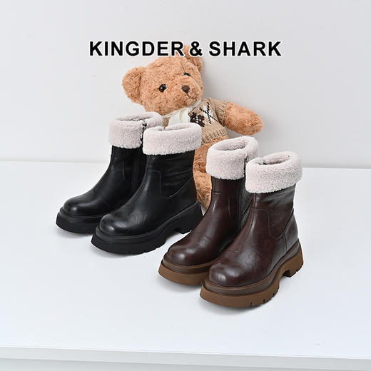 经典鲨2024年冬季新款百搭圆头加绒加厚侧拉链短筒马丁靴女KW89-D58201 商品图0