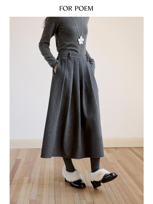 ForPoem 现货 24/FW原创设计中长款百搭羊毛百褶A摆半身裙 商品图1