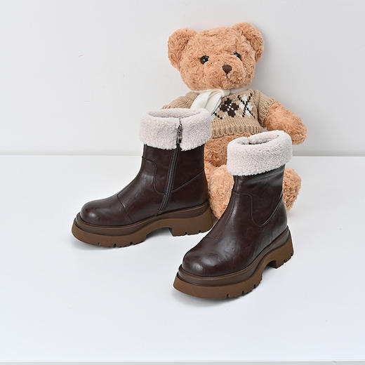 经典鲨2024年冬季新款百搭圆头加绒加厚侧拉链短筒马丁靴女KW89-D58201 商品图3