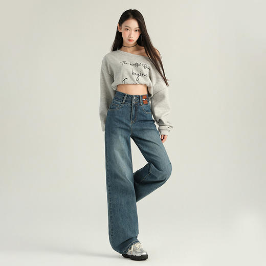 罗蒙女士秋冬加绒牛仔裤保暖舒适女长裤休闲百搭高腰显瘦阔腿裤 商品图2