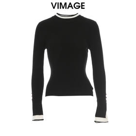 VIMAGE纬漫纪时尚撞色盖手喇叭袖半高圆领气质针织衫冬季新款V2201815