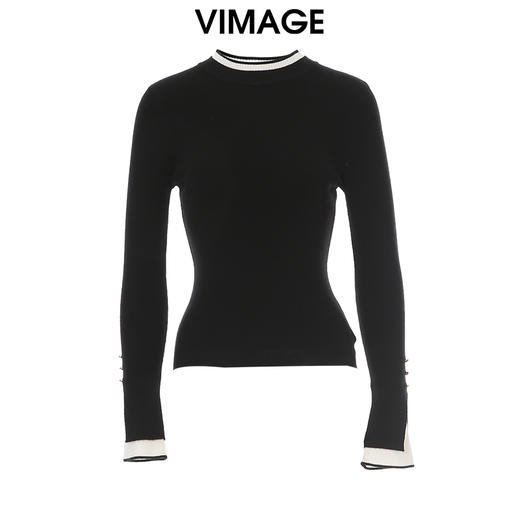 VIMAGE纬漫纪时尚撞色盖手喇叭袖半高圆领气质针织衫冬季新款V2201815 商品图0