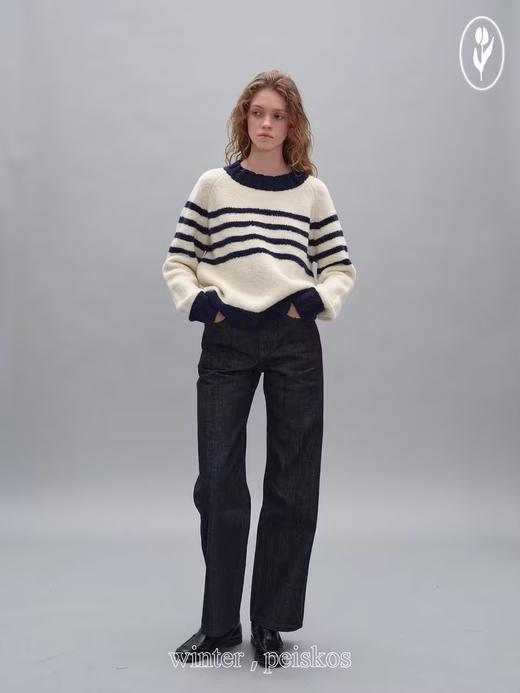 shyshystill/shy202408071/宽边粗条纹撞色宽松圆领套头毛衣 商品图3