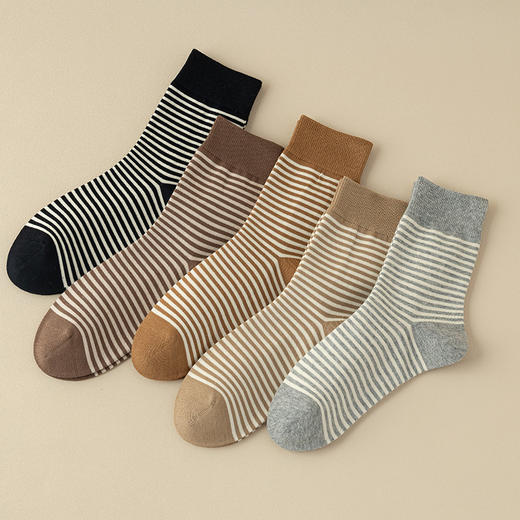 洁丽雅5双装棉质女士中筒袜个性条纹无骨耐磨舒适透气长绒棉袜 商品图8