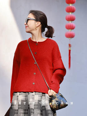 年味儿 纯羊毛彩点纱圆领长袖开衫毛衣