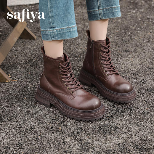 预售10天发|Safiya/索菲娅2024复古英伦时尚经典厚底粗跟短筒系带马丁靴加绒 SF44116411 商品图4