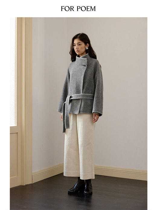 ForPoem 现货 24/FW原创设计贝壳绣锁边绣100羊毛短款腰带休闲大衣 商品图1