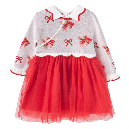 笛莎Deesha 童装女童连衣裙2024冬新款新年“年年有鱼”蝴蝶结套头毛织裙 商品图4