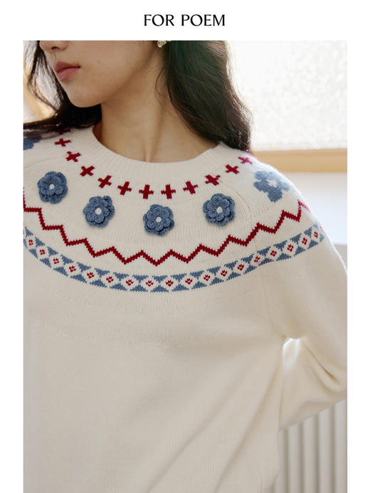 ForPoem 现货 24/FW原创设计北欧圣诞氛围感立体花羊毛费尔岛毛衣 商品图3