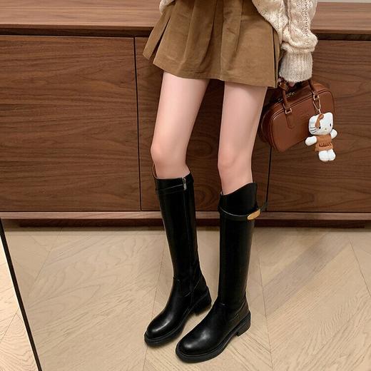 【预售7天】牛皮洋气百搭金属扣骑士靴秋冬圆头粗中跟V口真皮高筒长靴女DY&8405 商品图1