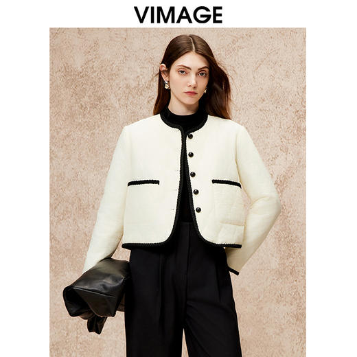 VIMAGE纬漫纪气质高级圆领撞色直筒显瘦外套冬新款V2210801 商品图0