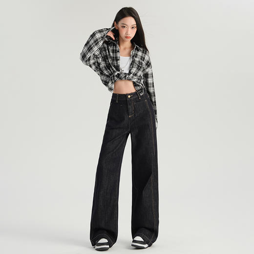 罗蒙女士牛仔裤加绒秋冬保暖长裤休闲百搭显瘦阔腿长裤通勤好穿女裤 商品图4