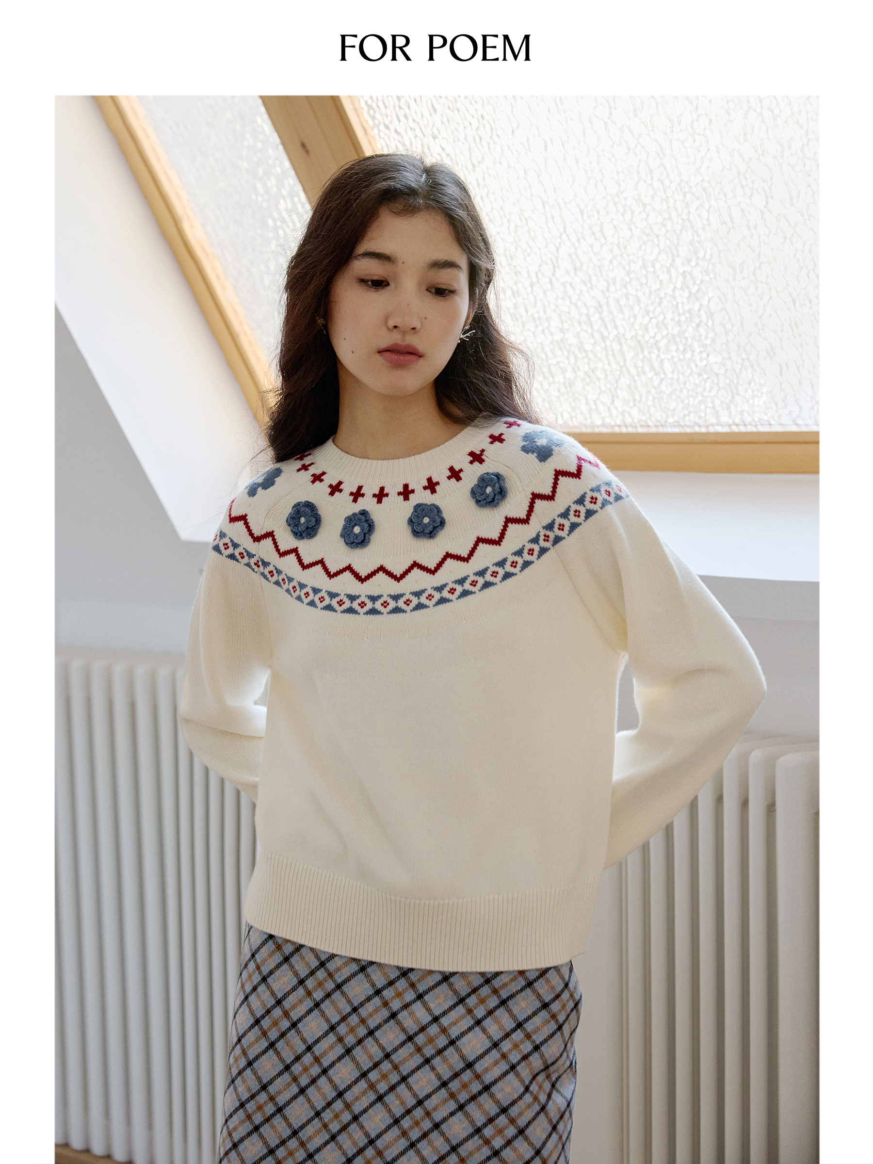 ForPoem 现货 24/FW原创设计北欧圣诞氛围感立体花羊毛费尔岛毛衣